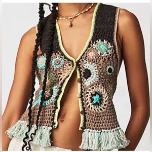 Free People Crochet Vest with Brown and Blue Accents